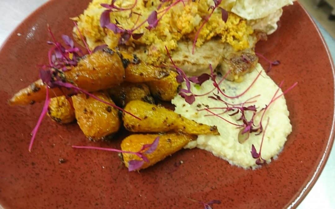 MasterChef Recipe: Apple crumb pork with chantenay carrots + potato salad